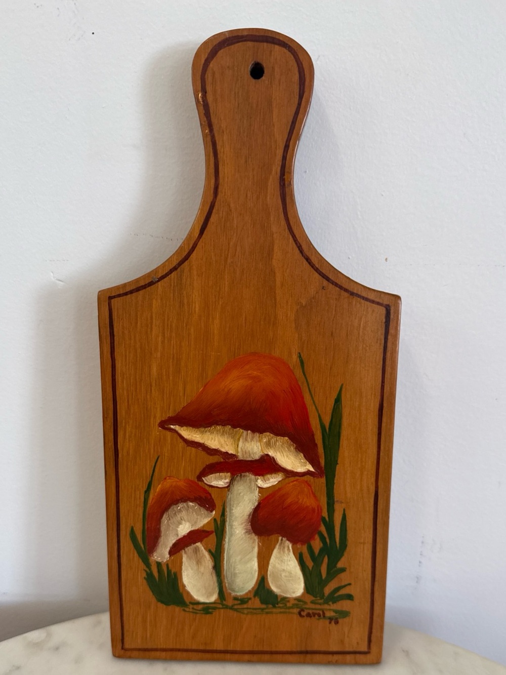 VTG Wood Bread Cutting Board Hand Painted Mushrooms Folk Art Signed Carol 1976